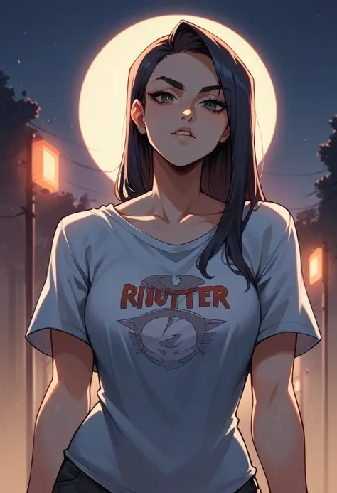 low shoulder t-shirt,sexy adult face,night,Intruder,woman