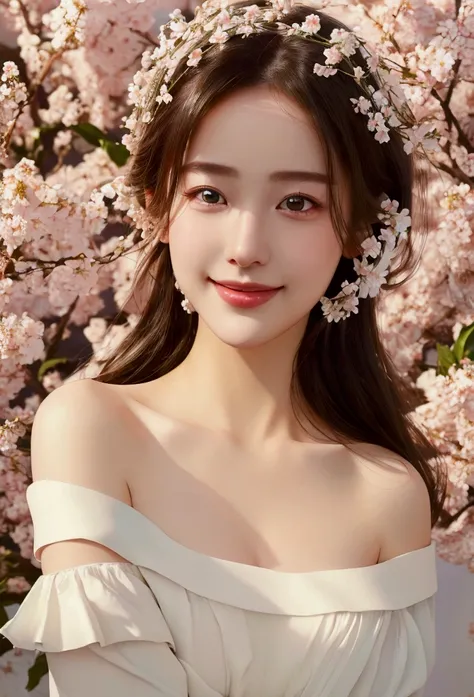 Best quality, masterpiece, ultra high res, (photorealistic:1.4), raw photo, 1girl, white dress, off shoulder, blossom flower field, glowing skin, light smile