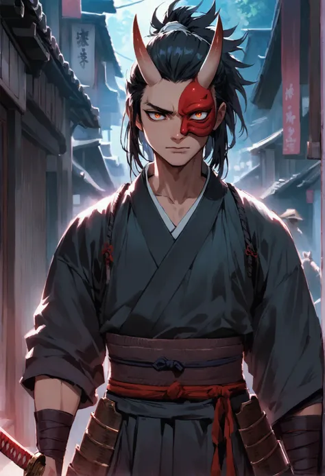 male samurai, looks toward the viewer, sharp eyes, black hair, grün eyes, she is wearing an oni-mask, sword is inside the swords...