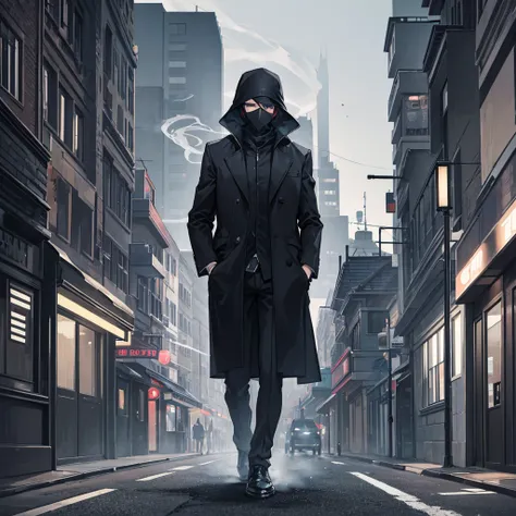 Mysterious man with black hat over his face with a black long jacket with black briefcase walking towards a building. streets are filled with smoke it is night. erie light emanated out of building window. light is also lit under ome mysterious street light...