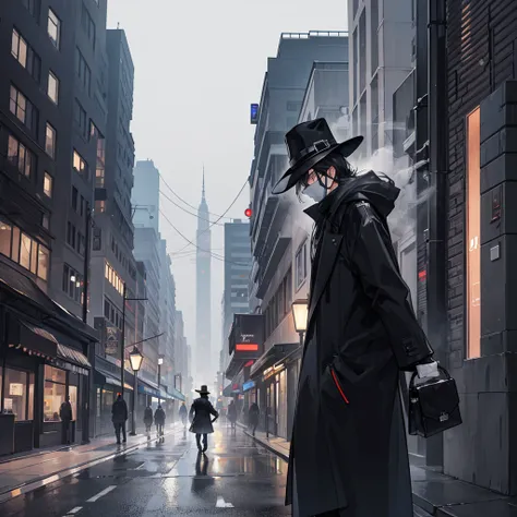 Mysterious man with black hat over his face with a black long jacket with black briefcase walking towards a building. streets are filled with smoke it is night. erie light emanated out of building window. light is also lit under ome mysterious street light...