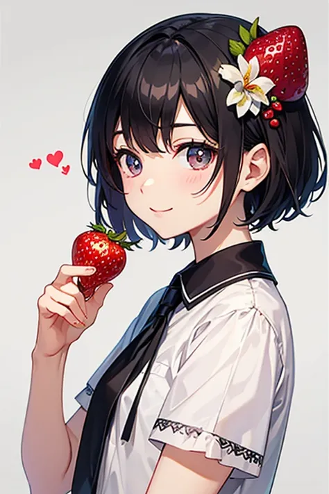 Highest quality、Black Hair、Iris、short hair、girl、cute、16 years old、、Small hair ornament、1 person、Holding a strawberry、A happy look、