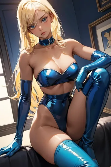 A blonde, dark-skinned girl wearing blue patent leather bikini pants, blue patent leather tube top, blue patent leather knee-high boots, and blue patent leather gloves with an embarrassed expression in her room.