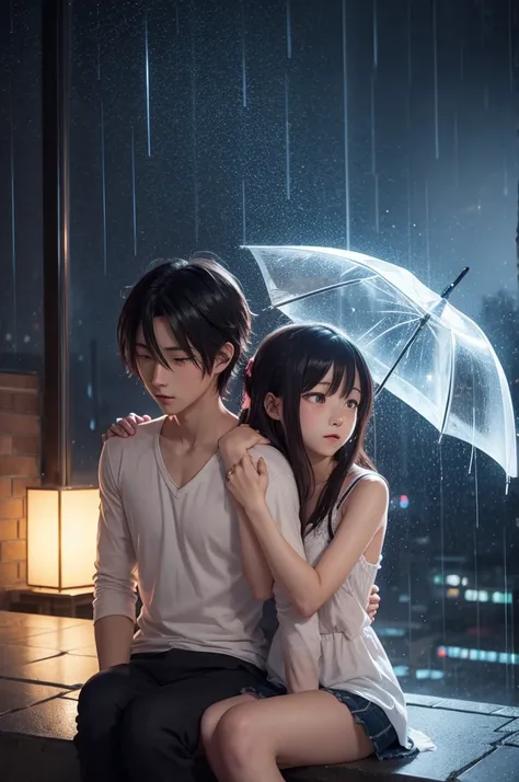 Anime boy sitting, hugging anime girl crying in the night rain