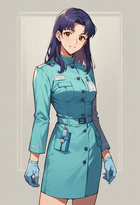 1girl, misato katsuragi, ((blue medical gloves)), (paramedic uniform), ((long sleeves)), looking at viewer, standing, solo

