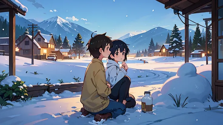 A boy and a girl sitting back to back, in a village, surrounded by mountains covered with white snow, escena desarrollada in a village una imagen de Makoto Shinkai, trend on pixiv, conceptual art, guweiz style artwork, Guweiz and Makoto Shinkai, Sakimichan...