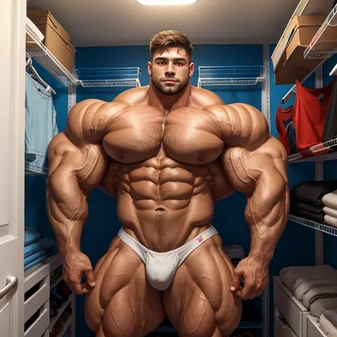 a very handsome, extremely gorgeous, massively muscular young man with massively large muscles, massively large biceps, massively large arms, shirtless, in a very cramped and small closet