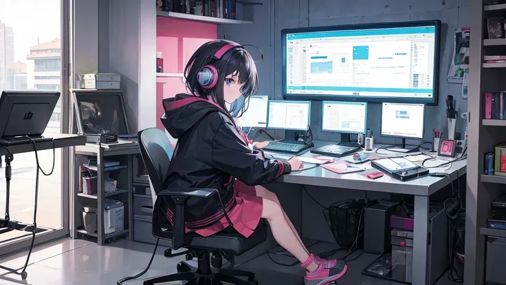 "10 year old girl in anime style, dressed casually, with headphones, sitting in profile in front of her computer while studying in her room. character orientation facing right in profile, full body image of the person, I just want a picture of the girl in ...