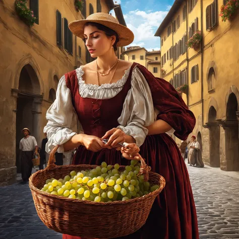 historical reconstruction: a street artist paints a peasant woman posing for him with a basket full of grapes, on one of the streets of Florence in 1524. a digital painting of an, inspired by Michelangelo, old school classicism craftsmanship, recreation of...