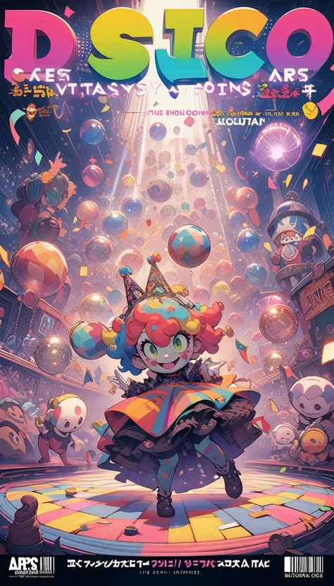 ((best quality)) , ((masterpiece)) , (detailed),A dark fantasy video game art style cartoon of an anthropomorphic clown with rainbow hair and green eyes juggling. On the ground is a colorful dance floor that has disco balls, confetti flying in the air, and...