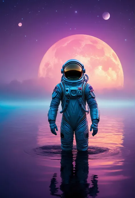 Create a high-quality digital artwork of an alien sea planet during dawn. The scene features an astronaut in a reflective, detailed space suit floating above the tranquil, bioluminescent waters. The morning sky is a vibrant gradient of purples, blues, pink...