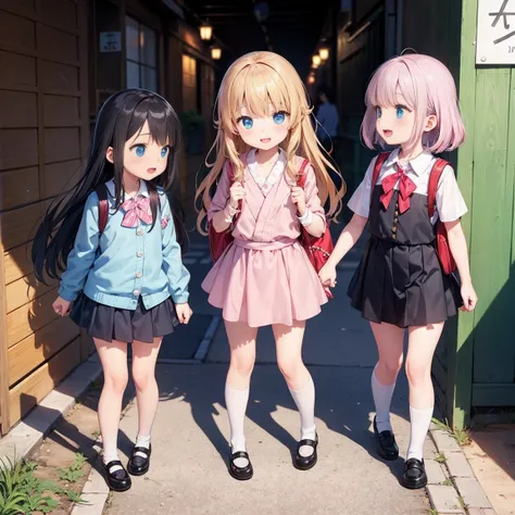 three very young girls, about eight years old, on a street in japan, one of the old streets, behind them is a school. they are w...