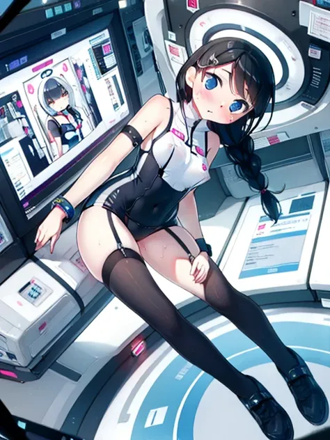 (Highest quality), (masterpiece), 1080P, High resolution, 4K, 8k, Inside the space station、Futuristic room、Thigh straps, Shooting from directly below, The woman on top of me, Nipples, 白いSweat, Covered , Sweat, Woman looking down, Skirt swimsuit, Thigh-high...