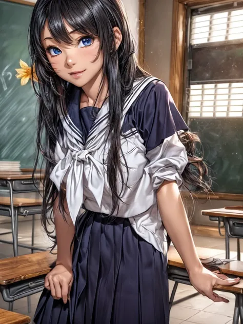 anime:1.5, (masterpiece:1), (Best Quality:1), (1 girls, Schoolgirl in japanese uniform sexy pose, extra size, (((ultra realistic face))), splendid sensual and suggestive smile, , for white, Look seductively, beautiful face, totally beautiful girl , sexy, s...