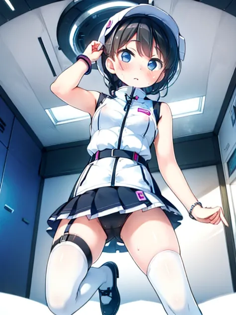 (Highest quality), (masterpiece), 1080P, High resolution, 4K, 8k, Inside the space station、Futuristic room、Thigh straps, Shooting from directly below, The woman on top of me, Nipples, 白いSweat, Covered , Sweat, Woman looking down, Skirt swimsuit, Thigh-high...