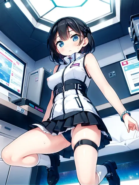 (Highest quality), (masterpiece), 1080P, High resolution, 4K, 8k, Inside the space station、Futuristic room、Thigh straps, Shooting from directly below, The woman on top of me, Nipples, 白いSweat, Covered , Sweat, Woman looking down, Skirt swimsuit, Thigh-high...