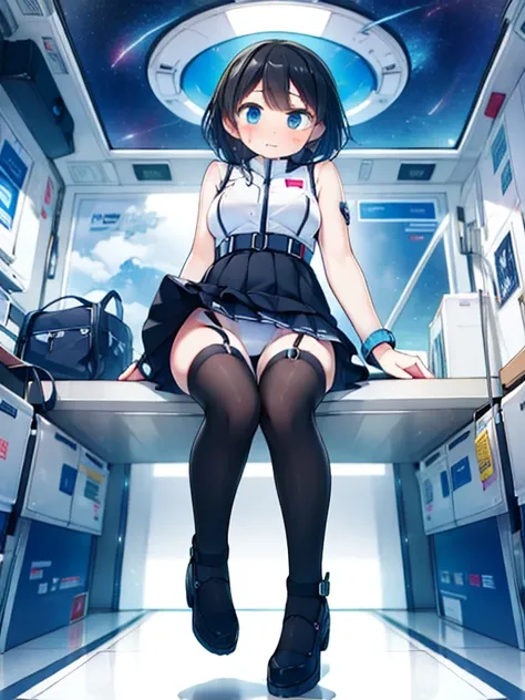 (Highest quality), (masterpiece), 1080P, High resolution, 4K, 8k, Inside the space station、Futuristic room、Thigh straps, Shooting from directly below, The woman on top of me, Nipples, 白いSweat, Covered , Sweat, Woman looking down, Skirt swimsuit, Thigh-high...