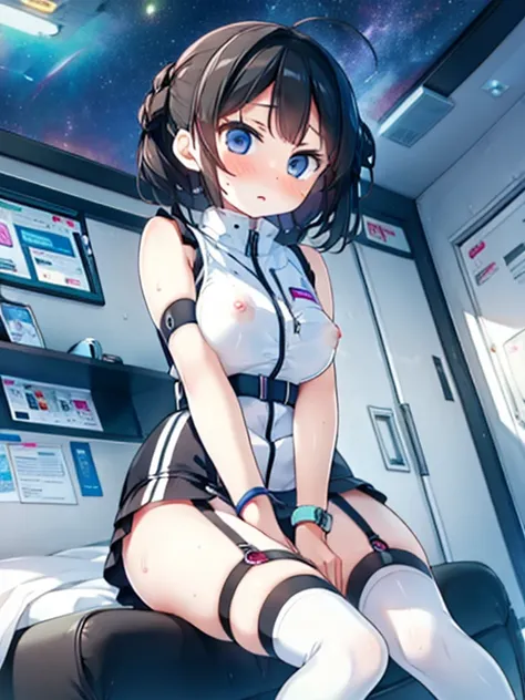 (Highest quality), (masterpiece), 1080P, High resolution, 4K, 8k, Inside the space station、Futuristic room、Thigh straps, Shooting from directly below, The woman on top of me, Nipples, 白いSweat, Covered , Sweat, Woman looking down, Skirt swimsuit, Thigh-high...