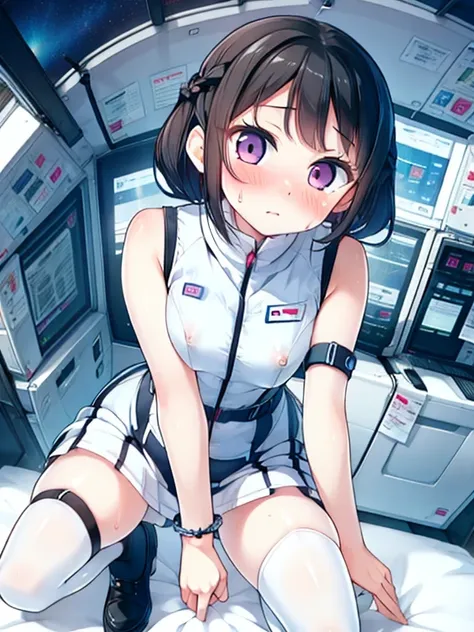 (Highest quality), (masterpiece), 1080P, High resolution, 4K, 8k, Inside the space station、Futuristic room、Thigh straps, Shooting from directly below, The woman on top of me, Nipples, 白いSweat, Covered , Sweat, Woman looking down, Skirt swimsuit, Thigh-high...