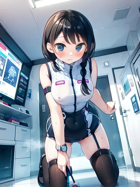 (Highest quality), (masterpiece), 1080P, High resolution, 4K, 8k, Inside the space station、Futuristic room、Thigh straps, Shooting from directly below, The woman on top of me, Nipples, 白いSweat, Covered , Sweat, Woman looking down, Skirt swimsuit, Thigh-high...