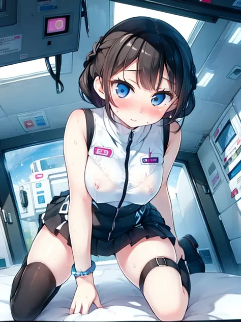 (Highest quality), (masterpiece), 1080P, High resolution, 4K, 8k, Inside the space station、Futuristic room、Thigh straps, Shooting from directly below, The woman on top of me, Nipples, 白いSweat, Covered , Sweat, Woman looking down, Skirt swimsuit, Thigh-high...