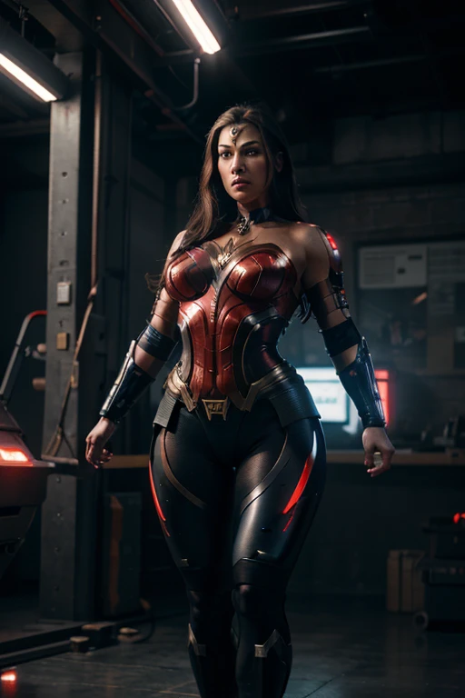 beautiful cyborg chubby woman, full body standing, red leggings, wonder woman, highly detailed, ultra-realistic, 8k, photorealistic, professional digital art, dramatic lighting, cinematic colors, dynamic pose, intricate machinery and cybernetic enhancement...