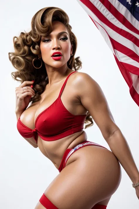 Photo of Latina pin-up Jennifer Lopez big red lips, eyes large, beautiful sexy and emotional body, She has curly blonde hair, creating a mysterious and sexy image. The model is wearing an American flag with her hair styled in a pin-up style.. "victory roll...