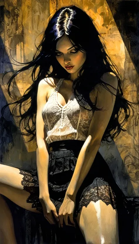 girl with long black hair, very small tits, sexy lace dress {{{,{cowgirl sex, girl on top, straddling, sit astridepleated skirt, penis in vagina,}}},cute,ultra detailed skin,sketch}}},, eroticism, sexy, white image and black, between shadows, oil painting,...