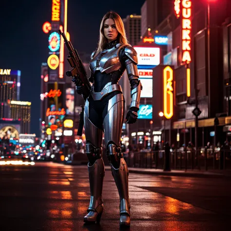 4k full body portrait of a beautiful blond woman fashion model in Mecha Suit holding assault rifle, official balmain editorial, dramatic lighting highly detailed, las vegas city in the background, ultra-realistic, film grain, night