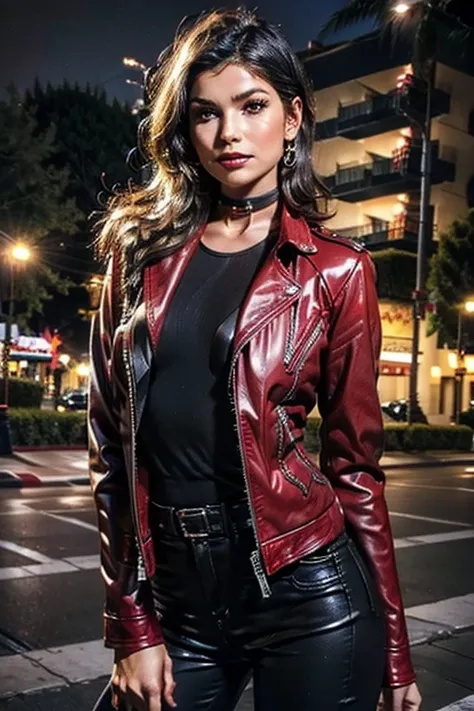 Best quality, realistic, from the front in first person, KristannaTX on a Los Angeles city street, (a female mexican Supermodel), (sexy wine red leather jacket:1.1), split, seductive smile, (dark hair), (hairstyle:1.0), Perfect eyes, sharp parts, detailed ...