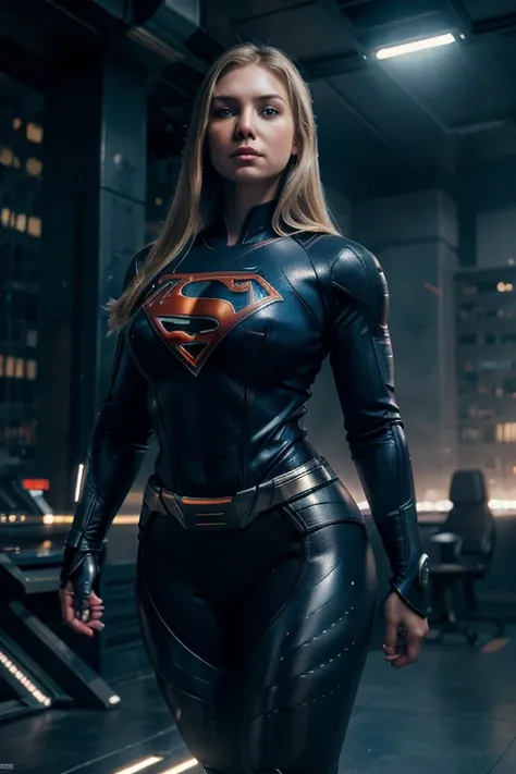 beautiful cyborg chubby blonde woman, full body standing, leggings, supergirl, highly detailed, ultra-realistic, 8k, photorealistic, professional digital art, dramatic lighting, cinematic colors, dynamic pose, intricate machinery and cybernetic enhancement...