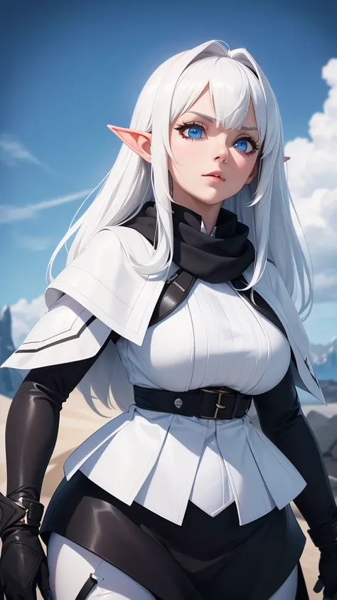 a young dark elf girl with white hair and blue eyes, wearing white clothes and a black scarf, looking up in a wide shot, (best quality, 8K, ultra-realistic, masterpiece, CGSociety)