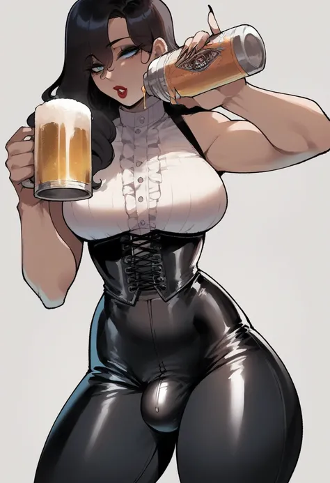 Score_9, score_8_up, score_7_up, adult, tall, 1futa, close up, light blue eyes, black eyeliner, seductive expression, drinking beer, lipstick, long straight hair, black hair, small waist, big breasts, bare shoulders, bustier, leather pants, bulge, long nai...