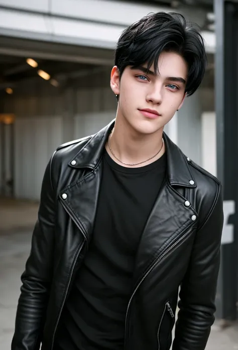 A seventeen-year-old boy with black hair, light blue eyes, and a white complexion. He is tall, strong, with strong and attractive features. He has a love-struck look and a charming smile. He dresses like a "bad boy" with a black leather jacket, a tight bla...