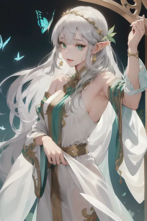 (Absurd, High resolution, Super detailed), (One girl:1.3), Gray Hair,Elf、sexy、Arabian dancer in white costume、Gold Accessories、Green Eyes、whole body、Gaze, Bangs, Hime cut, Droopy eyes、freckles、butterfly hair accessories