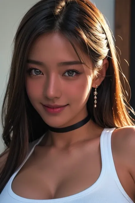 (Highest quality, 4K, 8k, High resolution, masterpiece:1.2), Very detailed, (Realistic, photoRealistic, photo-Realistic:1.37)、Japanese、smile、One Girl、Gal Makeup、(White tank top)、Denim shorts、Black choker