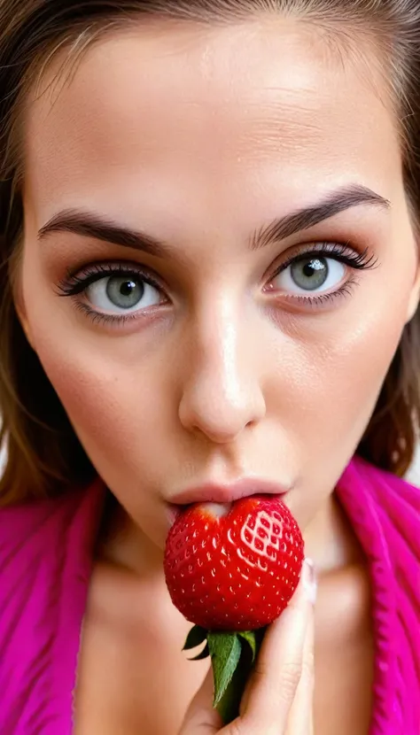 closeup headshot, with moist puffy lips wrapped around a strawberry