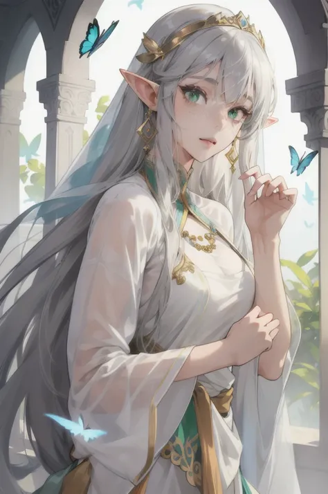 (Absurd, High resolution, Super detailed), (One girl:1.3), Gray Hair,Elf、sexy、Arabian dancer in white costume、Gold Accessories、Green Eyes、whole body、Gaze, Bangs, Hime cut, Droopy eyes、freckles、butterfly hair accessories、magic