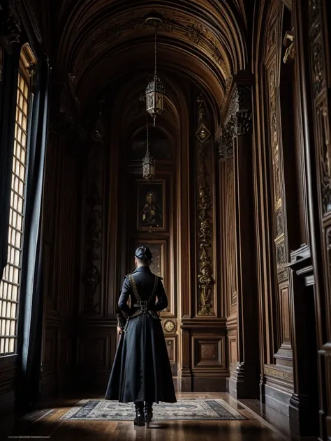 
a woman in a dark imperial military uniform inspects the interior of a gothic house populated by grotesque and surreal figures, cinematic, hyper-realistic, 8k, ultra-detailed, masterpiece, intricate-details, photo-realistic, perfect-details 