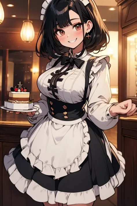 Perfect face. Perfect hands. A black haired woman with brown eyes and an hourglass figure in a Lolita maid outfit is serving a cake in a fancy maid cafe with a big smile