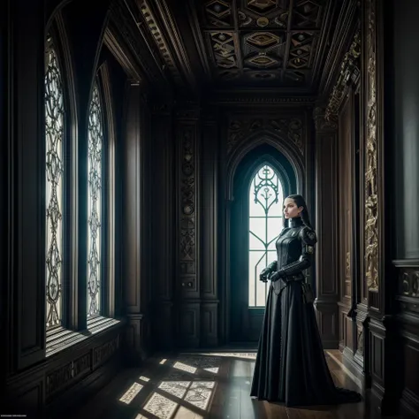 
a woman in a futuristic dark imperial military uniform inspects the interior of a gothic house populated by grotesque and surreal figures, cinematic, hyper-realistic, 8k, ultra-detailed, masterpiece, intricate-details, photo-realistic, perfect-details 