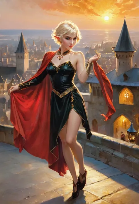 1 magician woman, expressive black eyes, elf ear, blonde short hair, dressed with a red drape, using his magic ,dancing pose, full length portrait , big medieval city in sunset in background in background, detail richness, masterpiece, best quality