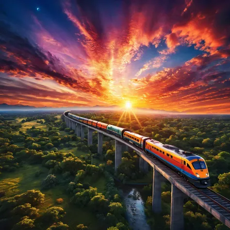 Aerial view of a realistic scene featuring a train passing under a vibrant sunset. The image captures a professional, trending aesthetic with elements of magical realism, highlighting a stunning scene of cosmic skies. High-resolution, photorealistic, backg...