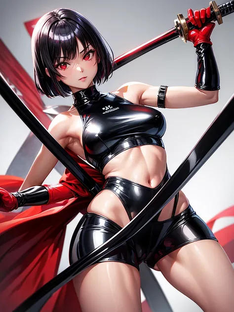 solo girl,Glossy metalic light silver tank top, tight latex shiny, Red interpolation color,Black hair bob,red eyes, camel toe, Samurai Sword,
Lift one leg, sexy lady, โชว์กางเกงใน girl,