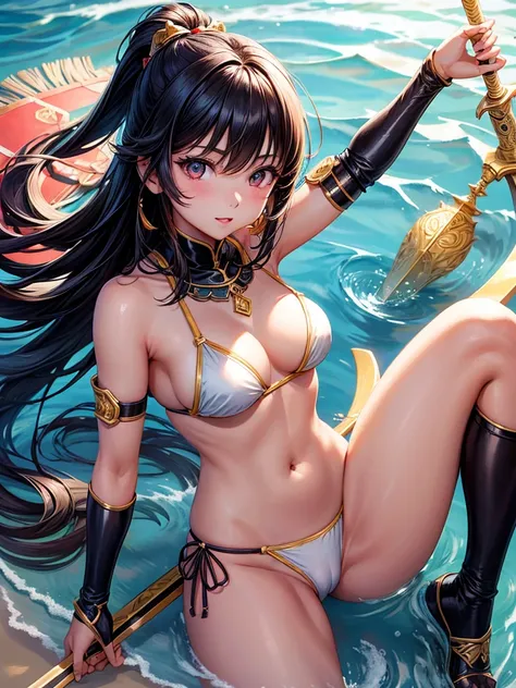 Beautiful Asian girl, 18 years old, light bikini knight girls, sexy lady, medium breasts, camel toe, long sword,