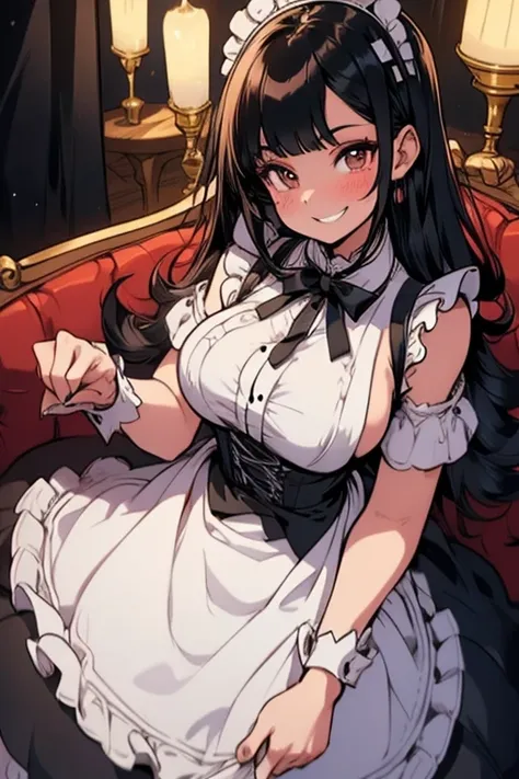 Perfect face. Perfect hands. A black haired woman with brown eyes and an hourglass figure in a Lolita maid outfit is serving dinner in a fancy maid cafe with a big smile