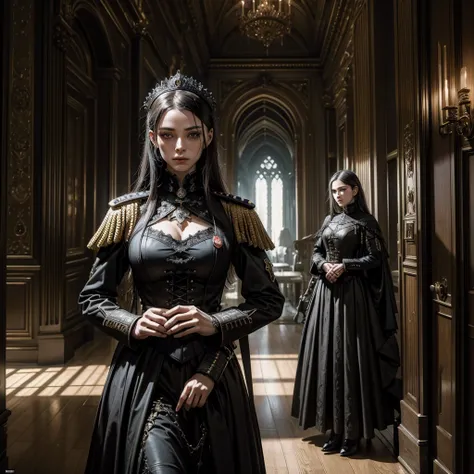 
a woman in a dark imperial military uniform inspects the interior of a gothic house populated by grotesque and surreal figures hyper-realistic, cinematic, 4k, ultra-detailed, masterpiece, intricate-details, photo-realistic, perfect-details 