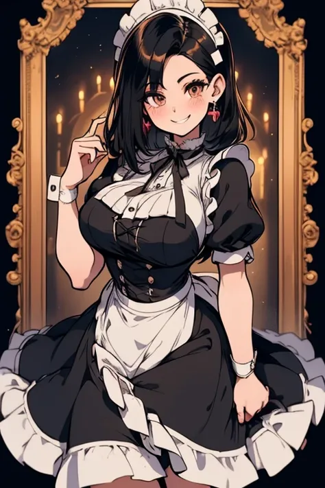 Perfect face. Perfect hands. A black haired woman with brown eyes and an hourglass figure in a Lolita maid outfit is serving dinner in a fancy maid cafe with a big smile