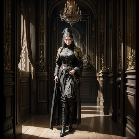 
a woman in a dark imperial military uniform inspects the interior of a gothic house populated by grotesque and surreal figures hyper-realistic, cinematic, 4k, ultra-detailed, masterpiece, intricate-details, photo-realistic, perfect-details,first-floor 