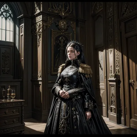 
a woman in a dark imperial military uniform inspects the interior of a gothic house populated by grotesque and surreal figures hyper-realistic, cinematic, 4k, ultra-detailed, masterpiece, intricate-details, photo-realistic, perfect-details,first-floor, ne...